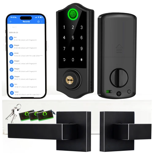 Harfo Fingerprint Smart Door Locks with Handles, App Control, Keyless Entry Front Door Lock Set, Bluetooth Digital Electronic Touchscreen Keypad Deadbolt, Easy Installation, Black