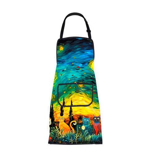 CMNIM Cat Aprons for Women Men with Pockets Gifts for Artist Painter Starry Night Aprons Kitchen Cooking Home Painting Apron