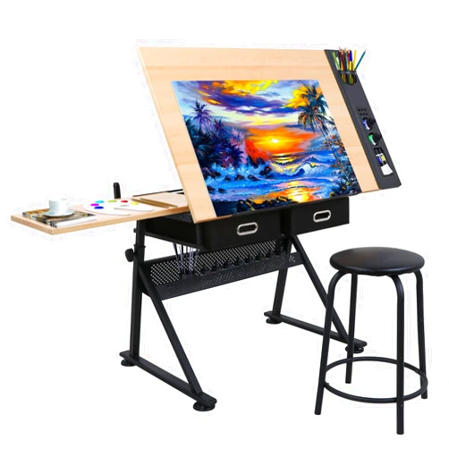 ZENY Drafting Table Art Desk Drawing Table Height Adjustable Artist Table Tilted Tabletop w/Drafting Stool and Storage Drawer for Reading, Writing, Crafting, Painting Art