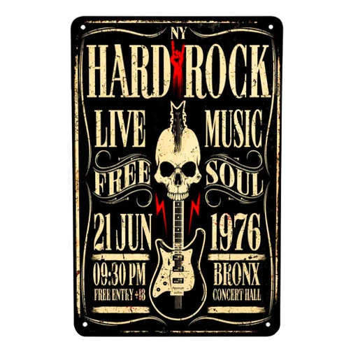 AOYEGO Hard Rock Poster Tin Sign,Rock Roll Music with Skull Guitar Vintage Metal Tin Signs for Cafes Bars Pubs Shop Wall Decorative Funny Retro Signs for Men Women 8x12 Inch
