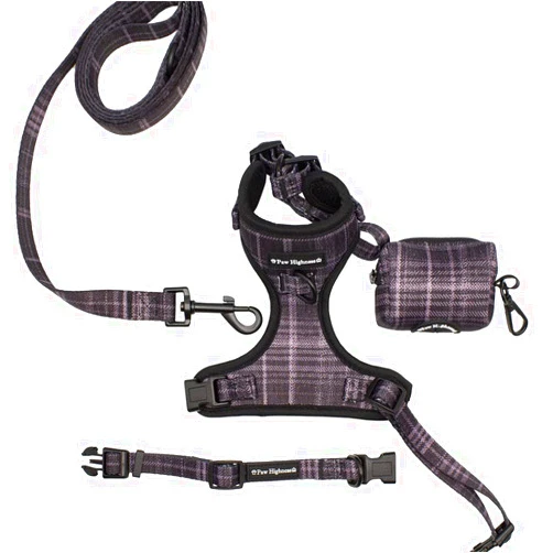 Paw Highness Dog Walking Harness, Collar, Leash & Poo Bag Holder Set in Black Tartan Large