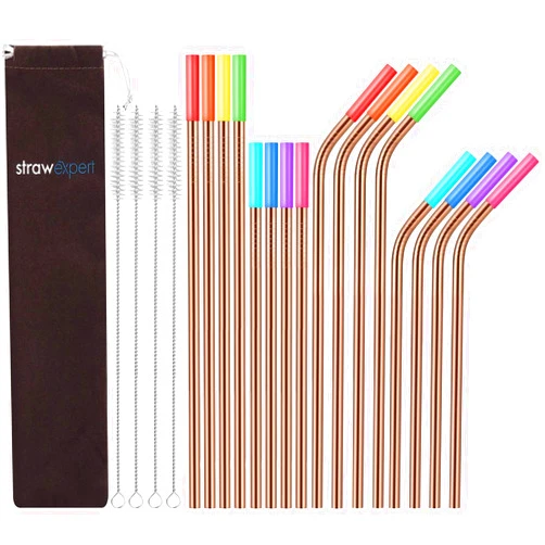StrawExpert 16 Pack Rose Gold Reusable Metal Straws with Silicone Tip & Travel Case & Cleaning Brush,Long Stainless Steel Straws Drinking Straw for 20 and 30 oz Tumbler