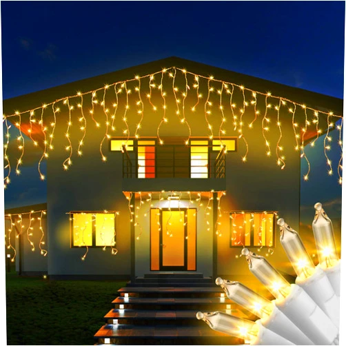 RECESKY 100 Christmas Icicle Lights - 7.7ft Warm White Curtain String Light for Outdoor, Indoor Decor - Fairy Mini Bulb Lighting for Bedroom, Window, House, Garland, Xmas, Christmas Tree Decorations