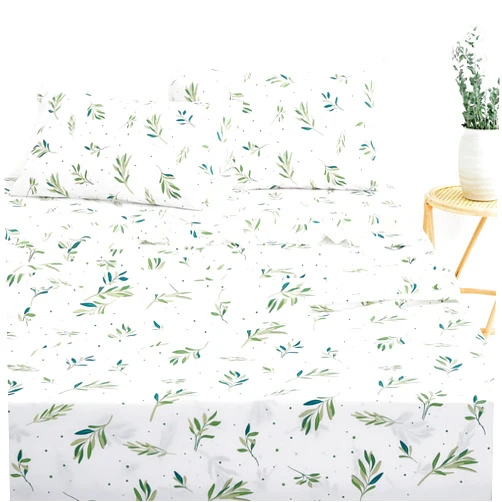 Wake In Cloud - Botanical Bed Sheets, 100% Cotton, 4-Piece Sheet Set, Cottagecore Floral Plant Leaves Coquette Shabby Chic Aesthetic Bedding, Deep Pocket, Green White, Queen Size