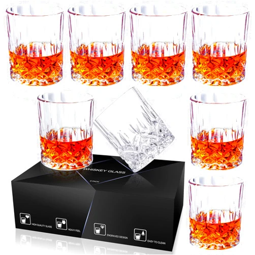 QUMMFA Whiskey Glasses Set of 8, 11 OZ Cocktail Glasses In Gift Box, Old Fashioned Glasses for Drinking Scotch Bourbon Cognac Vodka Rum Liquor, Rocks Glasses, Crystal Scotch Glasses, Gifts for Men