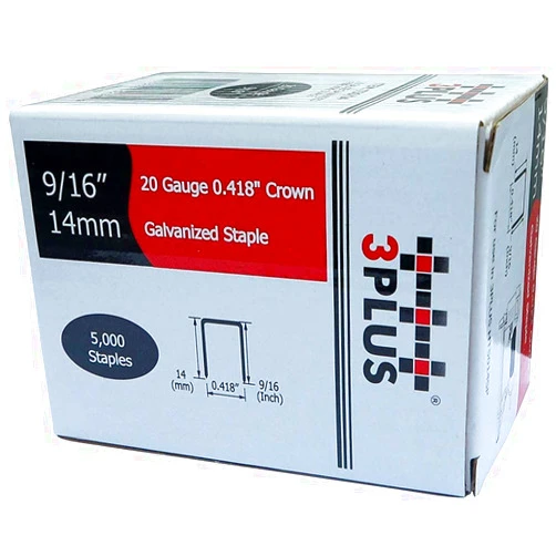 3PLUS T50/14 20 Gauge 3/8-Inch(10.6mm) Crown 9/16-Inch Leg Length Galvanized Fine Wire Staples, 5,000 per Box