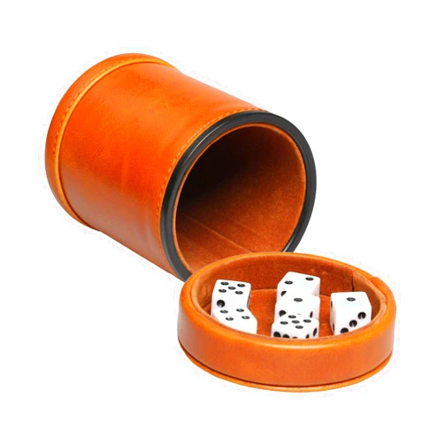 RERIVER Leatherette Dice Cup with Lid includes 6 Dices, Velvet Interior Quiet in shaking for Liars Dice Farkle Yahtzee Board Games, Brown