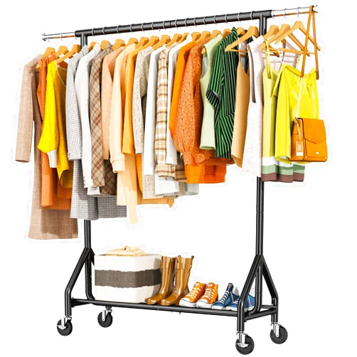 HYSEYY Heavy Duty Clothes Rack Load 450 LBS, Metal Garment Rack, Standing Rolling Clothing Rack for Hanging Clothes with Sturdy Wheels & Shelves, Portable Closet Wardrobe Rack,Black