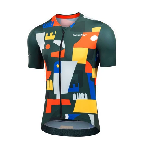 Santic Men's Cycling Jersey Short Sleeve Tops Pro Road Bike Shirt Full Zipper UPF 50+ MTB Jersey with Pockets