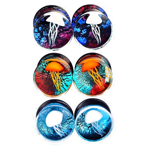 Yungger One Pair / 3 Pairs Glass Plugs Double Flare Saddle Jellyfish Ear Plugs Kit Gauge 0G-5/8 inch