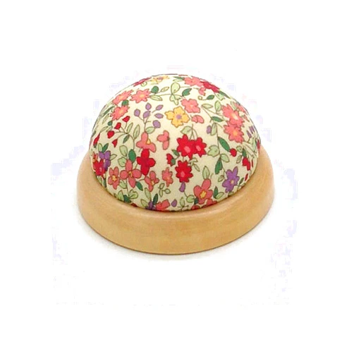 GAMESPFF Round Pin Cushion with Wooden Base and Printed Floral Fabric Coated for Daily Needlework (Red 1)
