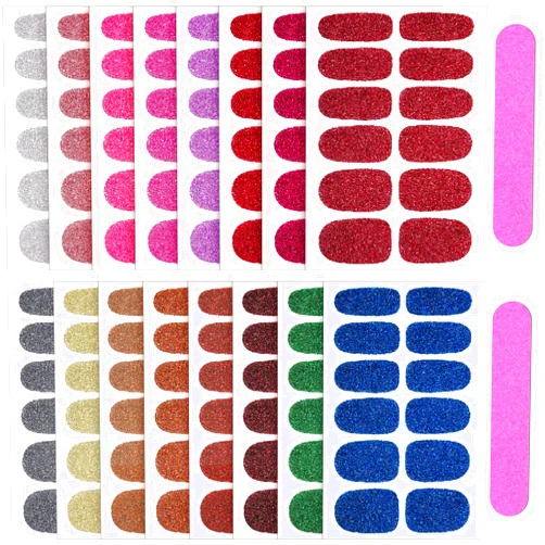 RoyalPolar 16 Sheets Nail Polish Stickers & 2 Pieces Nail File, Glitter Nail Wraps, Self-Adhesive Nail Art Decals Strips in Solid Colors for Women, Girls Manicure DIY Nail Art Decoration (Retro Color)