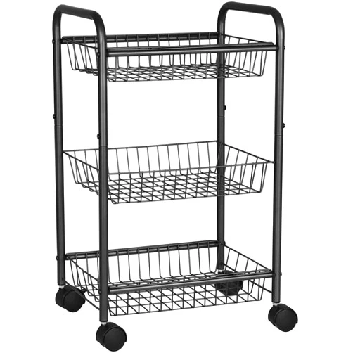 SONGMICS 3-Tier Metal Rolling Cart on Wheels with Baskets, Lockable Utility Trolley with Handles for Kitchen Bathroom Closet, Storage with Removable Shelves, Black UBSC03BK