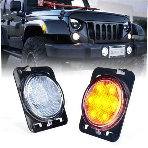 Xprite LED Amber Front Fender Side Marker Light Assembly with Clear Lens Compatible with Jeep Wrangler JK Unlimited 2007 2008 2009 2010 2011 2012 2013 2016 2017 2018 2019