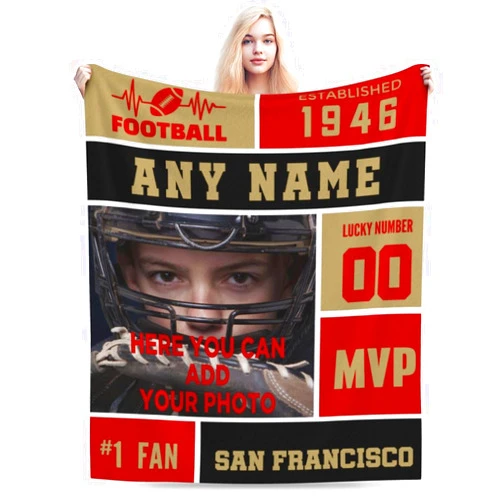 Sfodcovy Custom San Francisco Blanket with Photo & Name Number Personalized Flannel Throw Blanket Football Fan Memorial Gift for Men Women Boy, 50