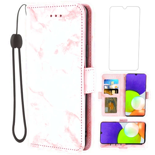 Asuwish Compatible with Samsung Galaxy A22 5G 6.6 inch Case and Tempered Glass Screen Protector Cell Accessories Card Holder Slot Kickstand Marble Wallet Phone Covers for Gaxaly A 22 Gal 22A G5 Pink