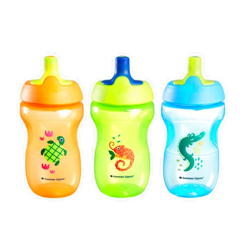 Tommee Tippee Sportee Bottle, Sippy Cup for Toddlers, 12 Months+, 10oz, Spill-Proof, Bite Resistant Spout, Easy to Hold Design, Pack of 3, Orange, Green and Blue