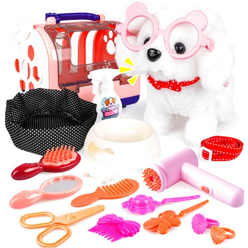 Eleanore's Diary 18pcs Dog Toys for Kids Girls, Interactive Electronic Plush Puppy Walking Barking Stuffed Wagging Dog with Accessories & Cage, Pretend Play Puppy Pet Care Gift for Toddlers Age 3+
