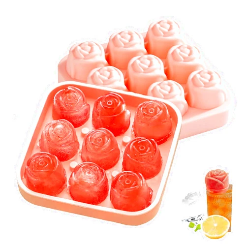 VOOLI Ice Cube Tray With Lid, 3D Rose Ice Cube Mold, Large Silicone Trays for Freezer, Flexible BPA Free 9-Ice Ball Maker, Easy Release Molds for Cocktail Whiskey (Pink)