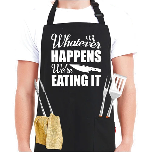 Kaidouma Funny Grill Aprons for Men - Whatever Happens We’re Eating It - Men‘s Funny Kitchen Chef Cooking Grilling BBQ Aprons with 2 Pockets - Father’s Day Birthday Christmas Gifts for Dad, Husband