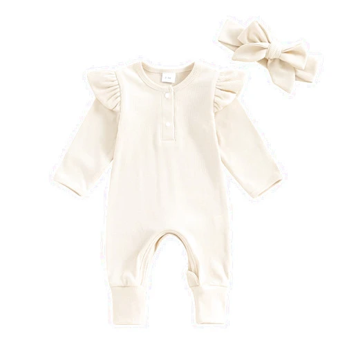 ICECTR Newborn Baby Girls Clothes Infant Ruffle Knit Romper Long Sleeve Ribbed Bodysuit Onesie Jumpsuit Headband Coming Home Outfit