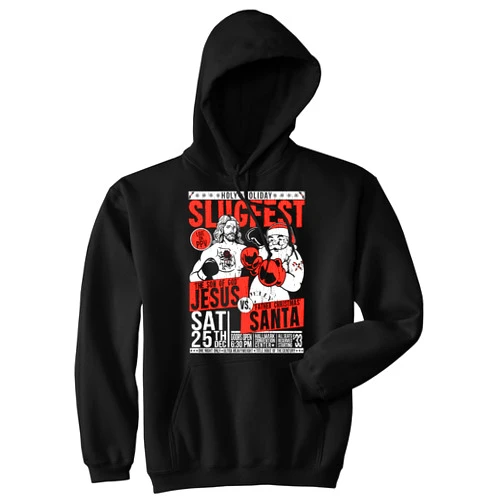 Crazy Dog T-Shirts Holy Holiday Slugfest Unisex Hoodie Funny Sarcastic Christmas Boxing Match Flyer Graphic Hooded Sweatshirt