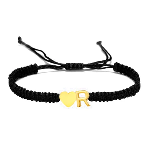 kelistom Initial Heart Bracelet, 18K Gold Plated Stainless Steel Tiny Heart Letter Black String Name Bracelets for Women Men Handmade Minimalist Jewelry Matching Couple Bracelets