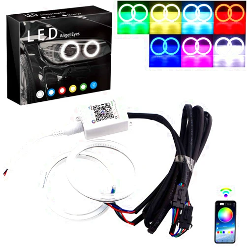 GrandviewTM 1-set 60MM Multi-Color RGB LED Halo Rings Light COB 60SMD Smart Phone iOS Android App Bluetooth Control Car Angel Eyes Circle Ring Headlight Lamp Daytime Running Lights(DRL)12V