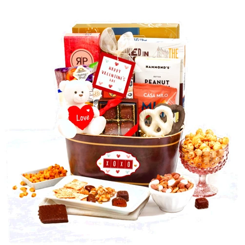 Broadway Basketeers Valentines Day Chocolate Gift Basket for Her, Him, Women, Men And Kids With Cookies, Snacks And Red Heart Plush Teddy Bear