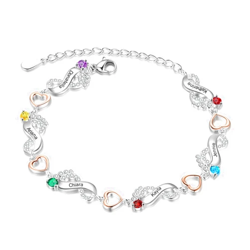 JewelOra Personalized Infinity Mother Bracelet with Simulated Birthstone Custom Name Feet Link Bracelet for Women Heart Bracelet Adjustable Chain Charm Birthday Mother's Day Gift