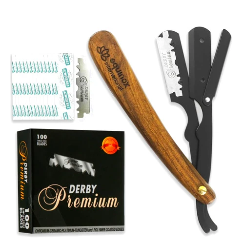 Equinox International Equinox Straight Edge Razor - Includes 100 Single Derby Blades -Manual Shaver for Men - Stainless Steel with Wooden Handle - Barber Kit - Hair Blade Razor - Perfect for Hairline
