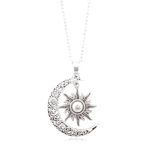 QIAN0813 Vintage Bronze Crescent Moon and Sun Pendant Necklace Retro Swirl Filigree Unisex Jewelry Gifts