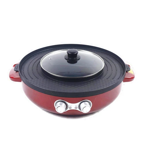 Gdrasuya10 2 In 1 Smokeless Grill and Hot Pot Combo, 2200w Electric BBQ Double Separation Hot Pot Barbecue Grill 3.6L Multifunctional Split Baking Tray Non-stick Pan with Independent Temperature Control, Red