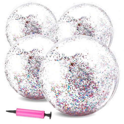 Haiabei 4 Pack 24Inch Glitter Beach Balls Inflatable Confetti Sports Beach Balls 16 Inch Floatable Sequin Beachballs Pool Toys Balls Giant Clear Beach Ball Bulk for Summer Beach Favor Swimming Pool Party Toy
