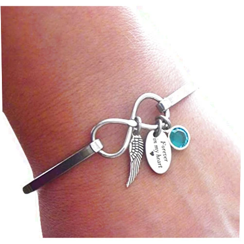 Madie's Charms Forever in my Heart Infinity Bracelet - Angel Wing Bangle - Birthstone - Memorial Gifts - Sympathy - Miscarriage - Remembrance - Bereavement Jewelry - for Eternity - Custom - Personalized