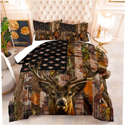 Tailor Shop Deer Comforter Sets for Boys Kids Teens,American Flag Camo Bedding Sets Queen Size Hunting Comforter Sets Woodland Moose Wildlife Forest Bed Set, with 1 Comforter 2 Pillowcase…