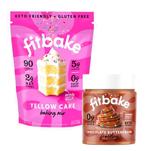 FitBake Yellow Cake Baking Mix and Chocolate Frosting | 0g to 2g Net Carbs Per Serving | Keto Friendly Low Carb Food | Naturally Sweetened Keto Snacks | Gluten Free Desserts | No Added Sugar