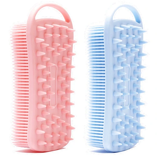 MtBoi 2 PC Silicone Exfoliating Body Scrubber, 2 in 1 Silicone Body Shampoo Brush, Soft Silicone Loofah for Sensitive Skin, Shower Silicone Hair Scalp Massager, Easy to Clean, Lather Well (Pink&Blue)