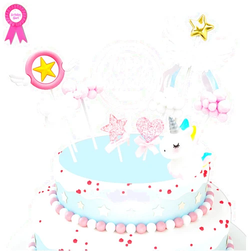 GLIBBUL Birthday Cake Topper Unicorn Cake Decorations with Pink Happy Birthday Banner Cute Angel Magical Wings Hairball Cloud for Baby Girl Party Celebration Decorating