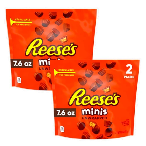 CHAIN & JO SWEETS Reeces Minis Unwrapped Milk Chocolate Peanut Butter Cups 2 Packs (7.6 oz Each) -Halloween Candy - Smooth Peanut Butter & Rich Chocolate Candy Gift