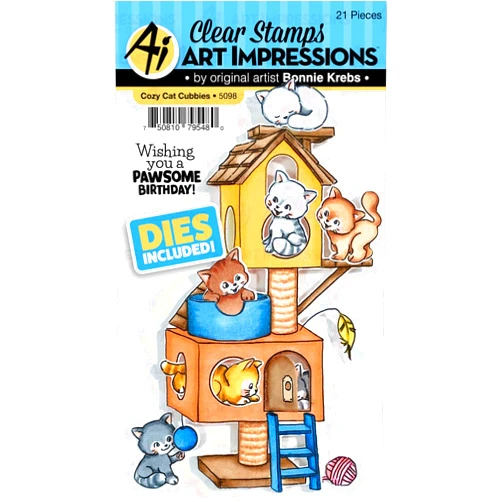 Art Impressions Critter Cubbies Clear Stamp & Die Set-Cozy Cat
