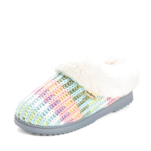 Dearfoams Women's Fuzzy Fluffy Memory Foam Hannah Knit Clog Shoe House Slipper, Rainbow, 5-6