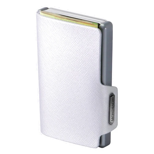 Mondraghi Saffiano Wallet | RFID protection integrated into the note clip Stop and Go | Aluminum shell | Leather Miniwallet, Saffiano (SILVER)