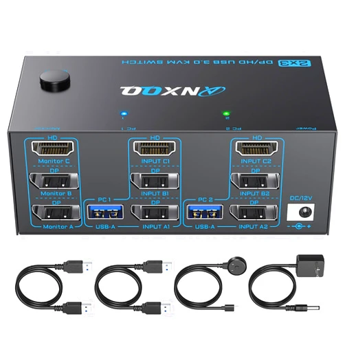 ANXQQ HDMI + 2 Displayport KVM Switch 3 Monitors 2 Computers, ANXQQ 8K@60Hz 4K@144Hz Triple Monitor KVM, Monitor Switch for 2 Computers Share 3 Monitors and 4 USB 3.0 Ports with Remote and Power Adapter