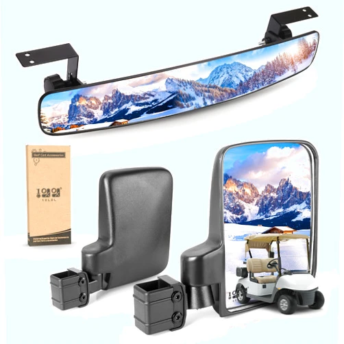 10L0L Golf Cart Mirrors, No Drilling 180 Degree Rotation & Foldable-HD Shatterproof Glass Mirrors for Golf Cart Club Car EZGO and Other, No Drilling Side Mirror & Rear View Mirror Kit