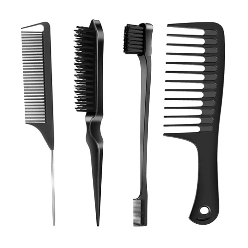 SWEET VIEW Hair Styling Set - 4 Brushes (Edge, Bristle, Rat Tail, Wide Tooth) for Slick Baby Hair and Flyaways - Black