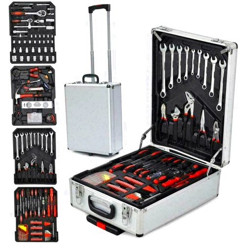 Manoch 799 PCS Hand Tool Set Wrench Socket Toolbox Mechanic Kit Castors Trolley Case Box Organize Keys 4 Trays for Screw Tightening, Clock Maintenance, Measuring and Leveling with 2 Pairs White Gloves