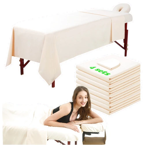 OMUTAVM 3 Piece Massage Table Sheets Set 4 Sets Microfiber Massage Bed Cover Soft Waterproof and Oil Proof Reusable for SPA Beauty Tattoos Includes Table Cover,Fitted Sheet and Face Rest Cover (Beige)