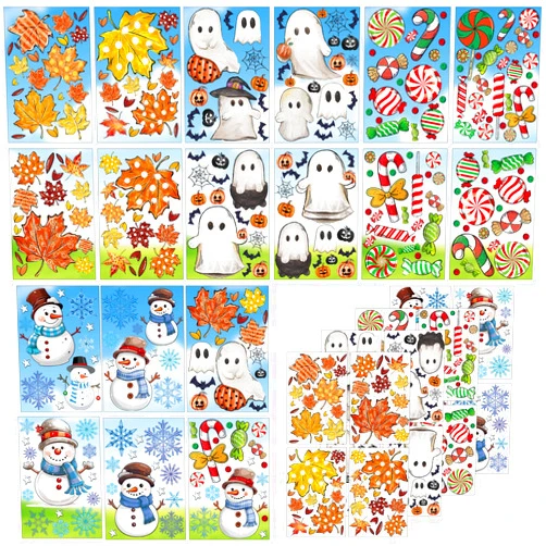 JarThenaAMCS 207 Pcs Fall Halloween Decor Window Clings Set 18 Sheet for Fall Halloween Christmas Winter Decorations, Large Maple Leaves Ghost Candy Snowman Stickers for Glass Kids Home School Office