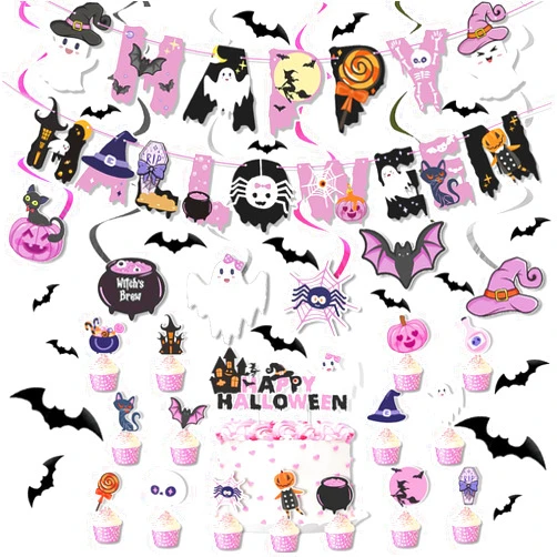 Miyinfiy Pink Halloween Party Decorations Banner Hanging Swirls 3D Bats Cake Topper Ghost Cupcake Toppers Pink and Black Halloween Birthday Party Kit for Indoor Outdoor Decorations